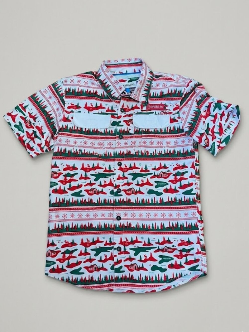 Magellan Fishing Shirt Boy 10/12 SS AOP Laguna Madre Button Down Holiday Novelty